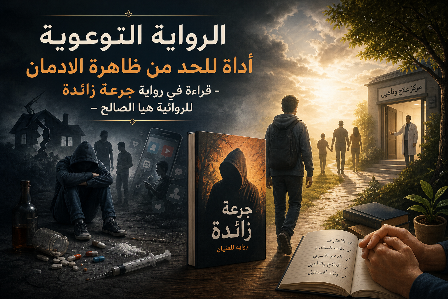 صورة توضيحية لالرواية التوعوية أداة للحد من ظاهرة الادمان - قراءة في رواية جرعة زائدة للروائية هيا الصالح – صورة عن الرواية التوعوية أداة للحد من ظاهرة الادمان - قراءة في رواية جرعة زائدة للروائية هيا الصالح –